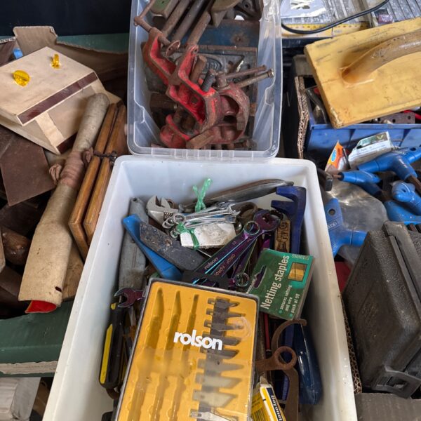 Assorted clamps and tools in a plastic storage container.