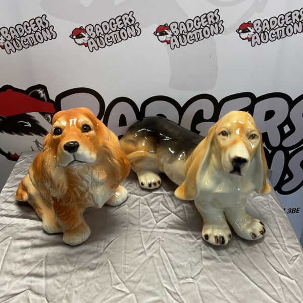Vintage ceramic bassett hound and cocker spaniel figurines for collectors.