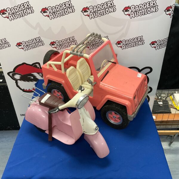 Vintage pink BatTat girl's Jeep and scooter toy set.