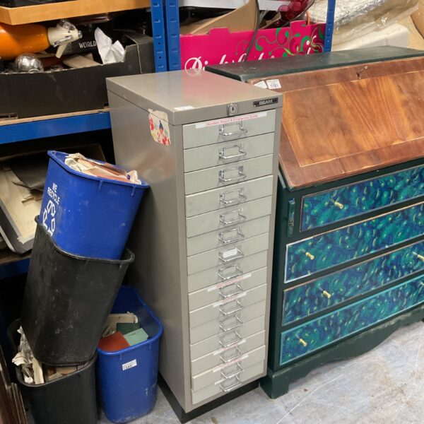 Vintage Beam machinist cabinet with fifteen drawers for tool storage.