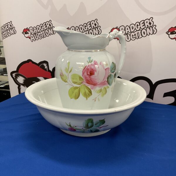 Antique ironstone washstand set by Bishop and Stonier with floral design.