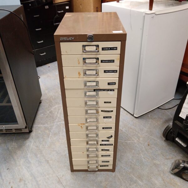 Vintage Bisley 15-drawer metal unit for workshop storage.