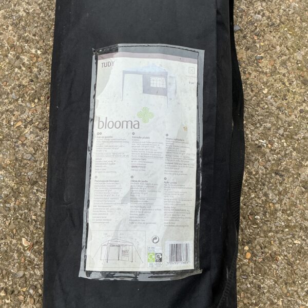 Blooms Tudy gazebo folded in carry bag, portable garden shelter.