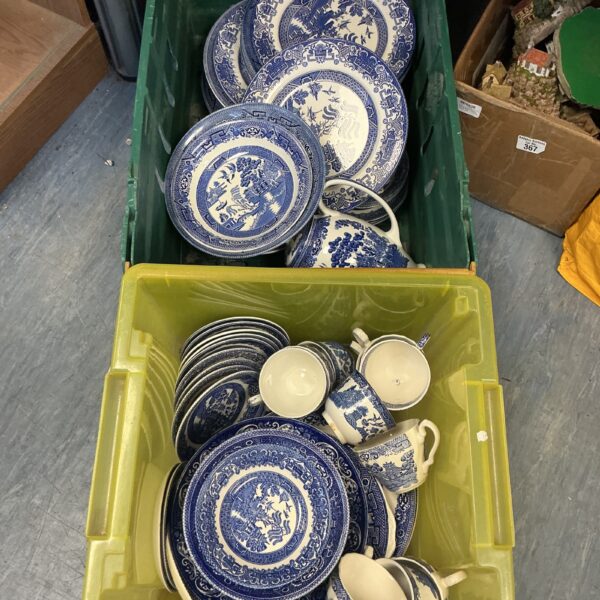 Vintage blue and white china collection with blue willow pattern.