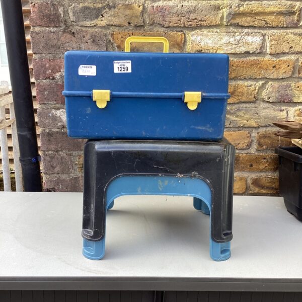 Vintage blue plastic garden tool set with steppers.
