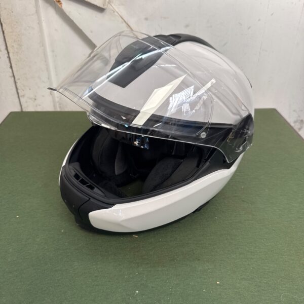 White BMW motorcycle helmet, size 58/59, front view.