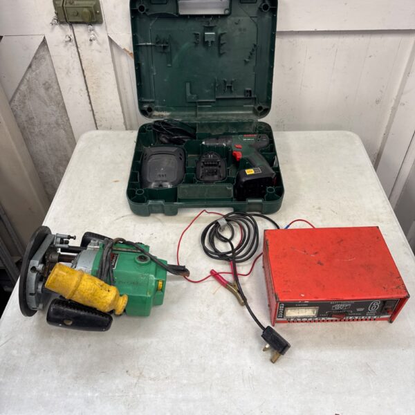 Bosch cordless drill set and Hitachi router for spares or repair.