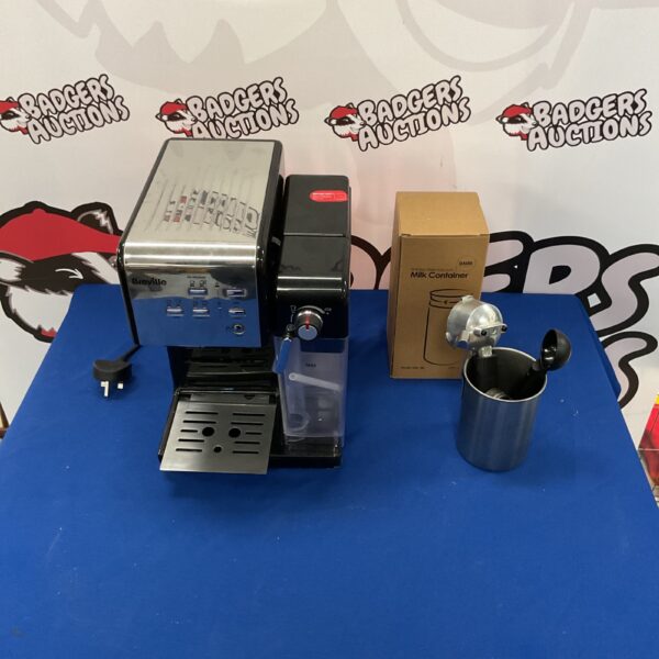 Stainless steel Breville R161DC coffee machine with milk container.