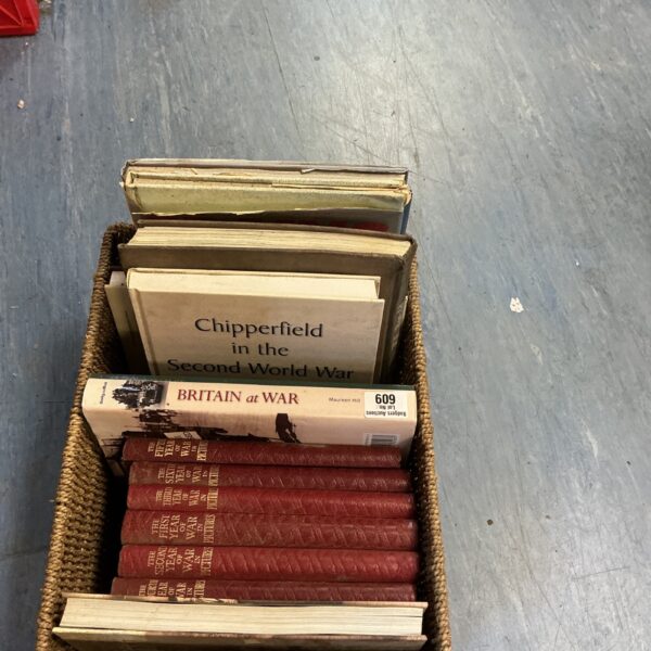 Basket of vintage Britain at War books, Second World War history.