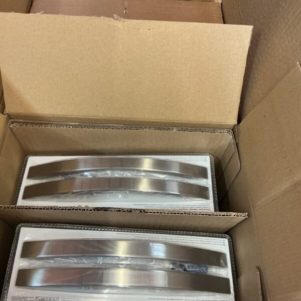 Lot of brushed steel handles for cabinets and doors.