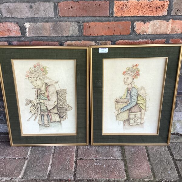 Pair of vintage Burmese watercolour portraits in traditional dress.