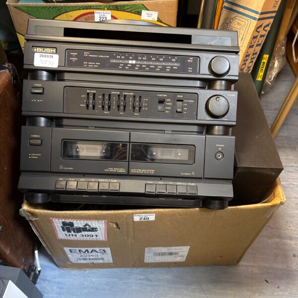 Vintage Bush hifi system with cassette player and radio tuner.