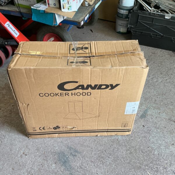 Candy cooker hood packaging showing wear and tear.