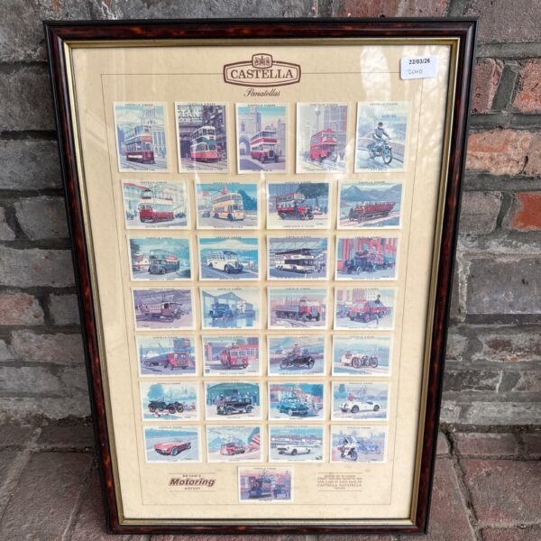 Framed collection of vintage Castella Panatella cigar cards featuring motor vehicles and trams.