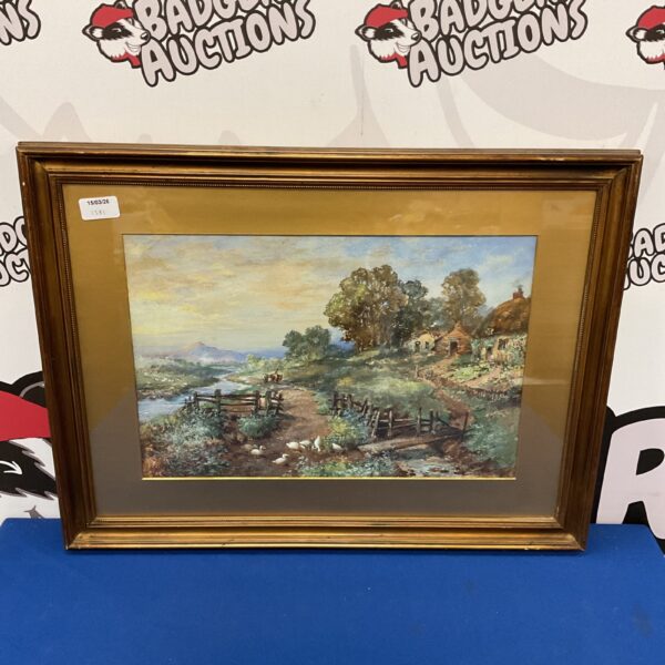 Vintage C E Wright watercolour painting of a farm scene with ducks.