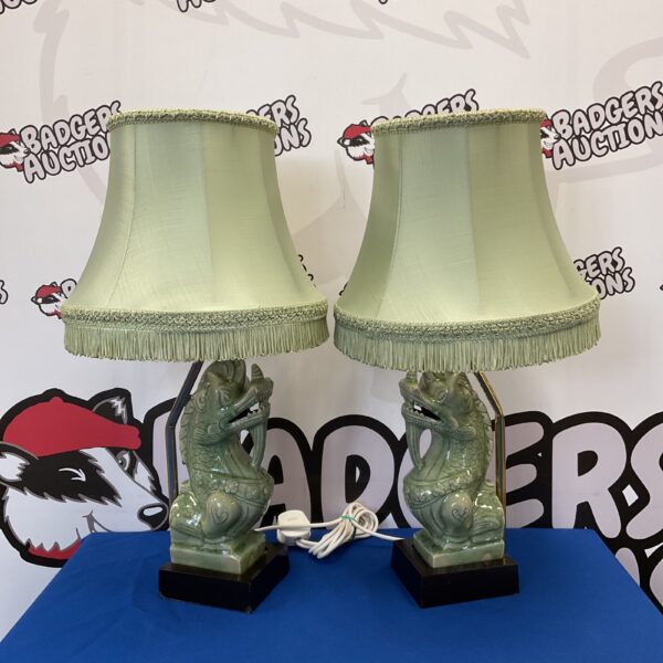Vintage celadon foo dog table lamps, a decorative pair.