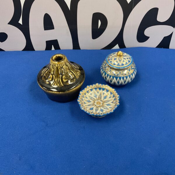 Antique celadon vase with damaged blue and gilt pot and dish.