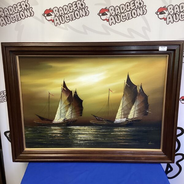 Large vintage oil painting of Chinese junk ships at sea.