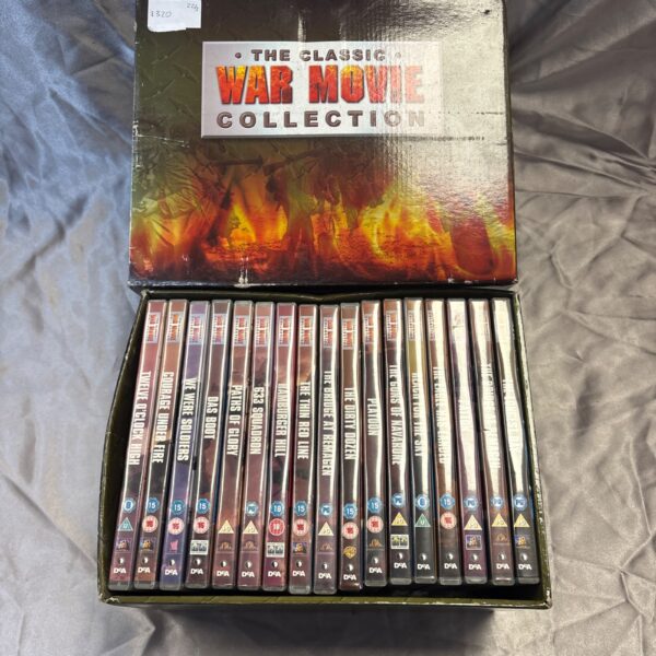 Classic war movie collection DVD set with various film titles.