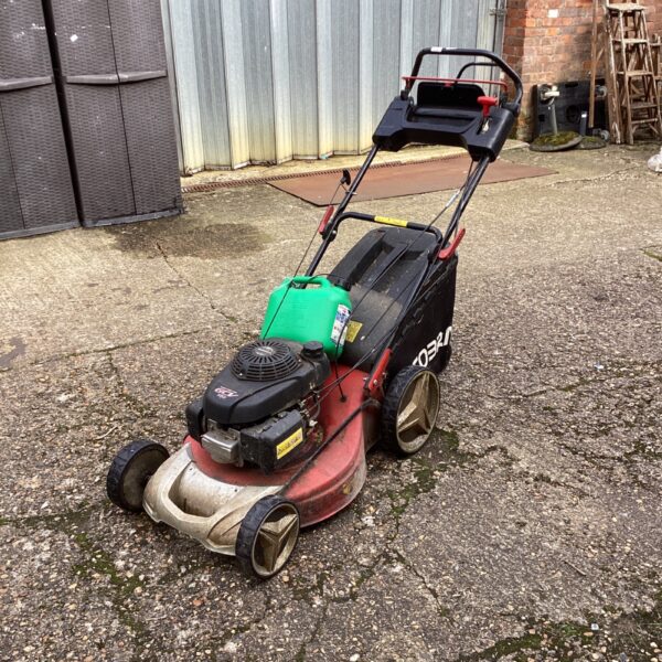 Used Cobra GCV 160 petrol lawnmower with Gerry can for fuel.