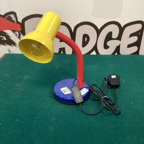 Colourful vintage desk lamp with flexible stem.
