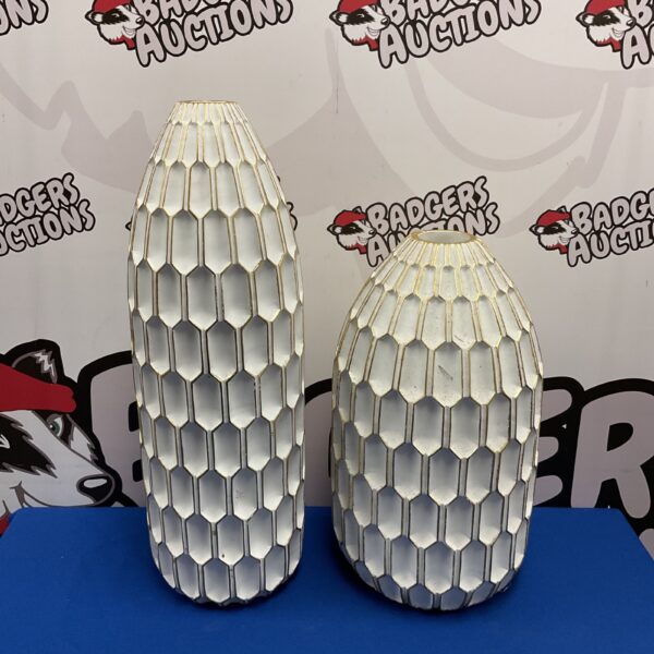 Pair of contemporary vases with geometric texture, modern home decor.