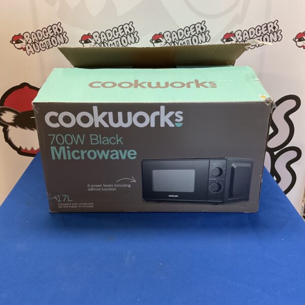 Black Cookworks 700W microwave for kitchen use.