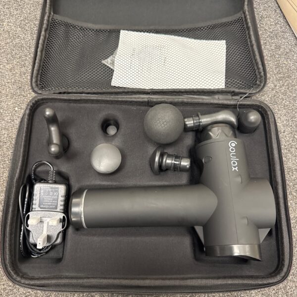 Coulax massage gun set with attachments in carrying case.
