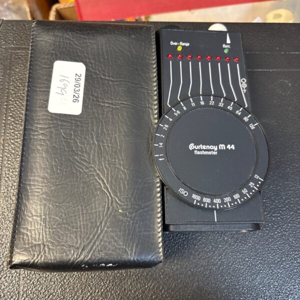 Vintage Courtenay M44 flash meter in protective case.