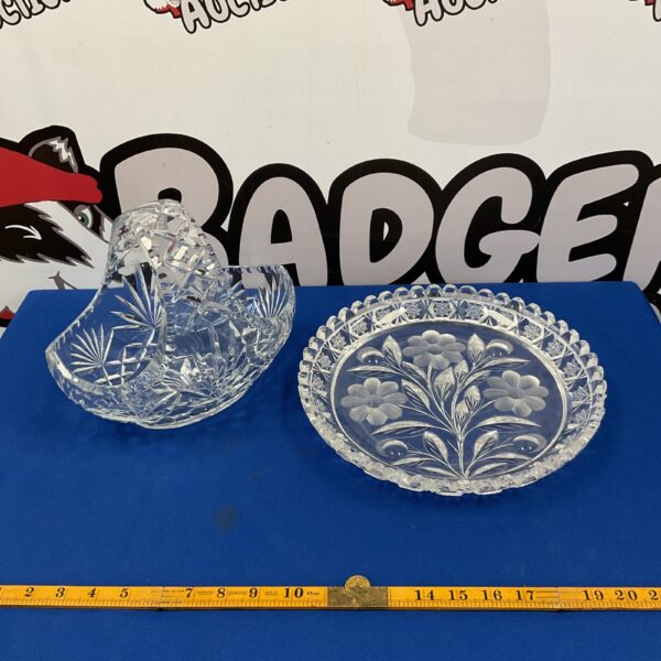 Vintage crystal flower dish and basket, elegant glassware for collectors.