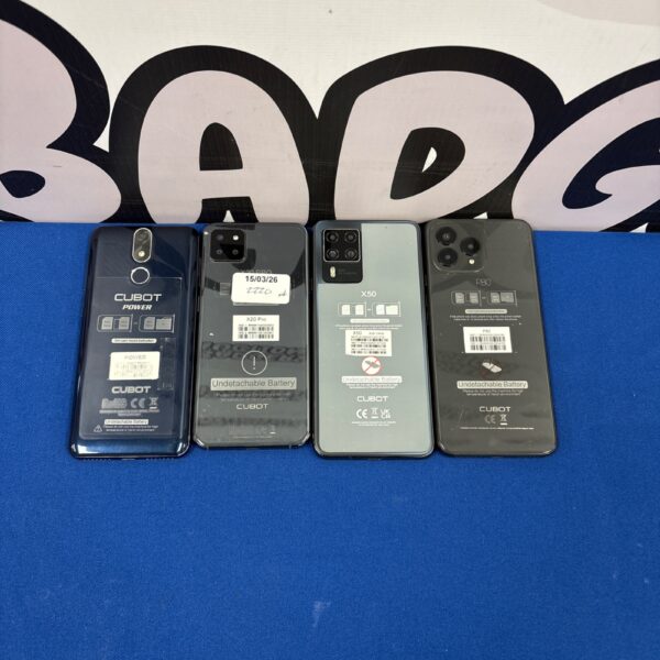 Cubot smartphone lot showing front views with cracked screens.