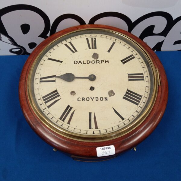 Antique Daldorph Croydon wall clock with mahogany case and white dial.