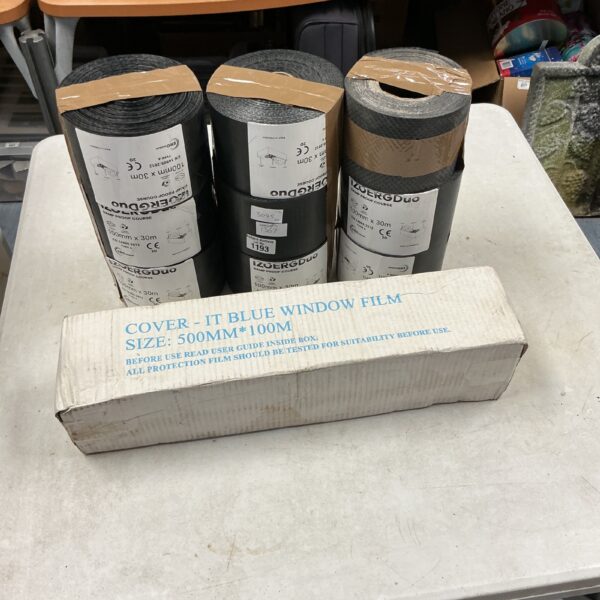 Lot of damp proof membrane and window film for construction projects.