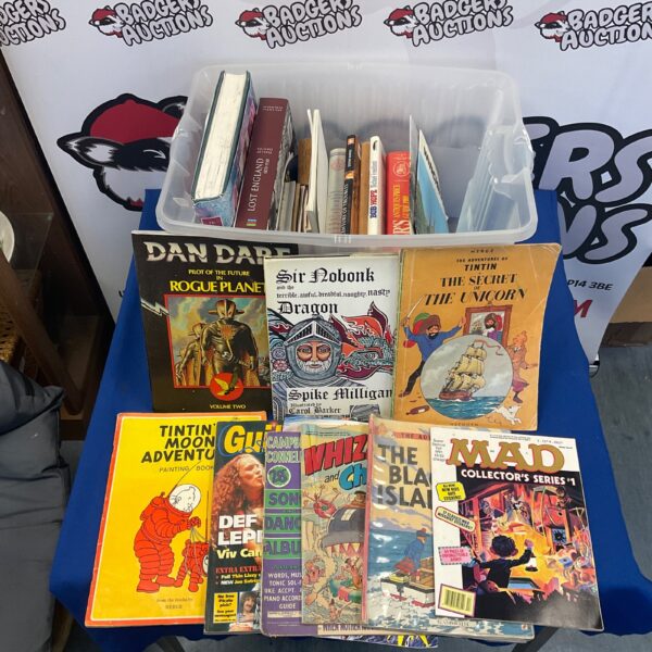 Vintage lot of Dan Dare and Tintin adventure books for collectors.