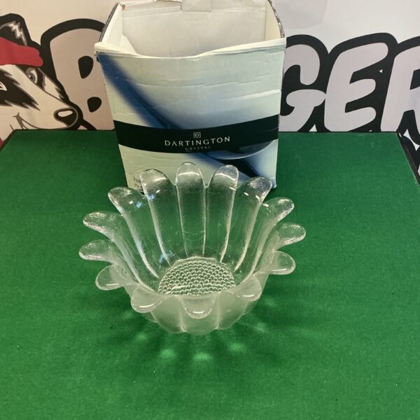 Clear glass Darlington Crystal fruit bowl with scalloped edge.