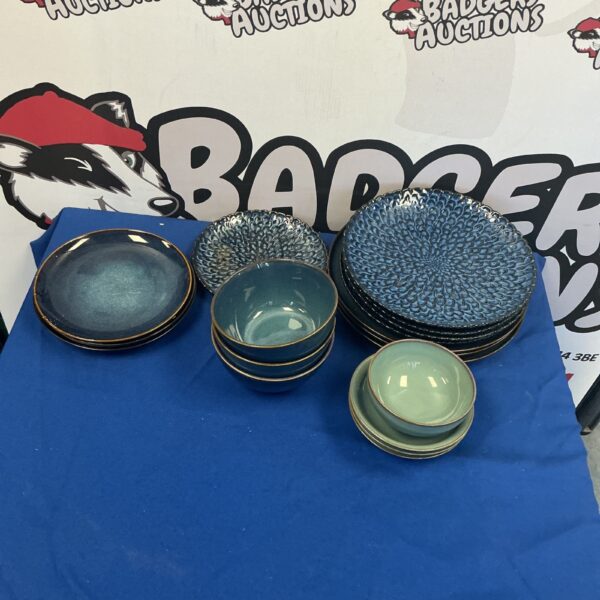 Collection of patterned Denby stoneware plates and bowls.