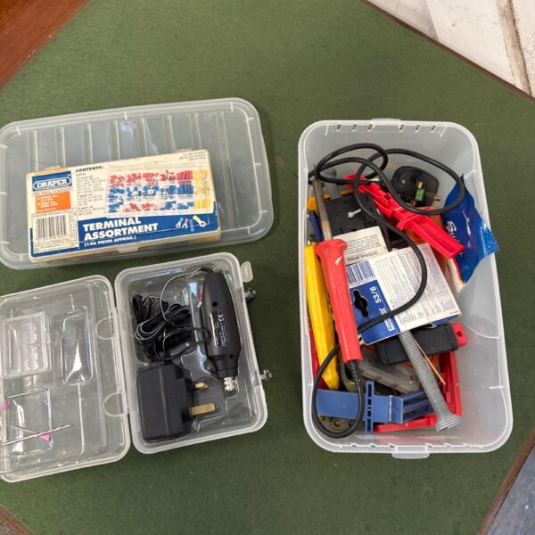 Draper tool and terminal assortment set in a plastic container.