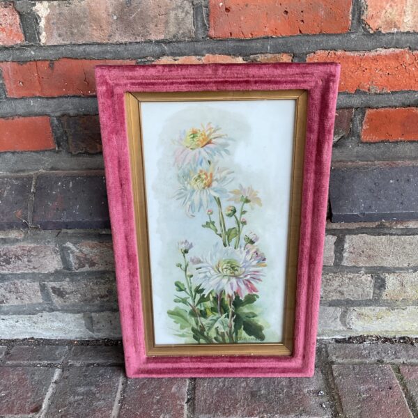 Antique Edwardian opaque glass painting of a floral still life by E M Harris.