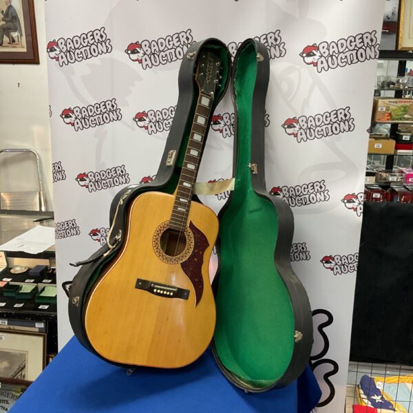 Vintage Egmond acoustic guitar in a green hard case.