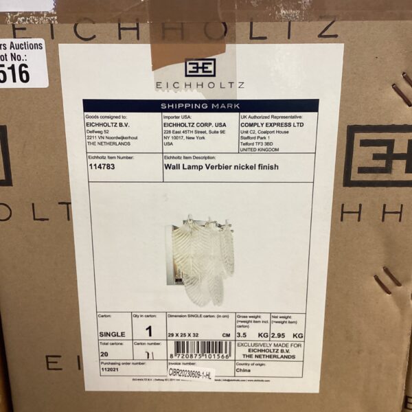 Elegant Eichholtz Verbier wall lamp with a polished nickel finish.