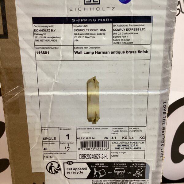 Eicholtz Harman antique brass wall lamp in original packaging.