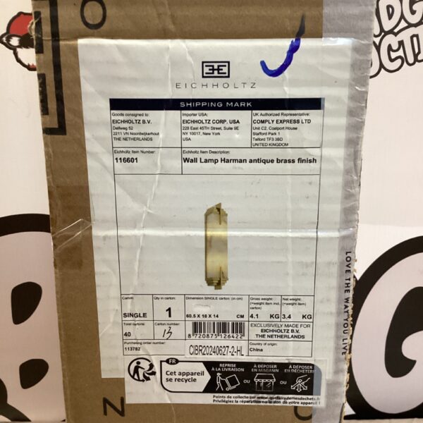 Eicholtz Harman wall lamp in original packaging, antique brass finish.
