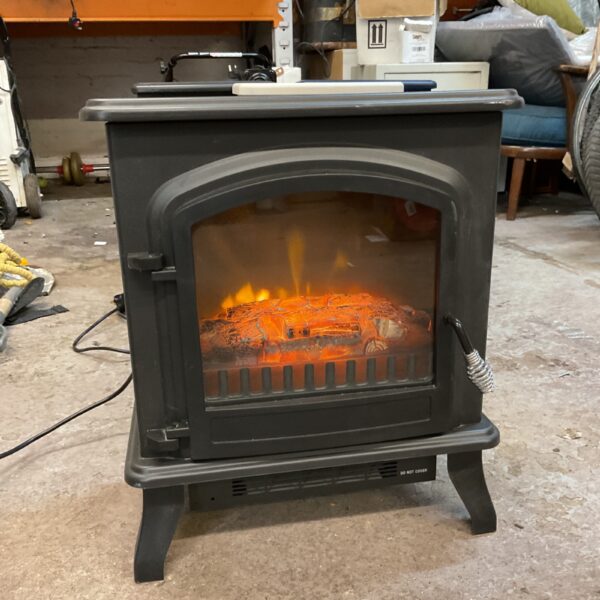 Electric fireplace with glowing flame effect for cozy home decor.