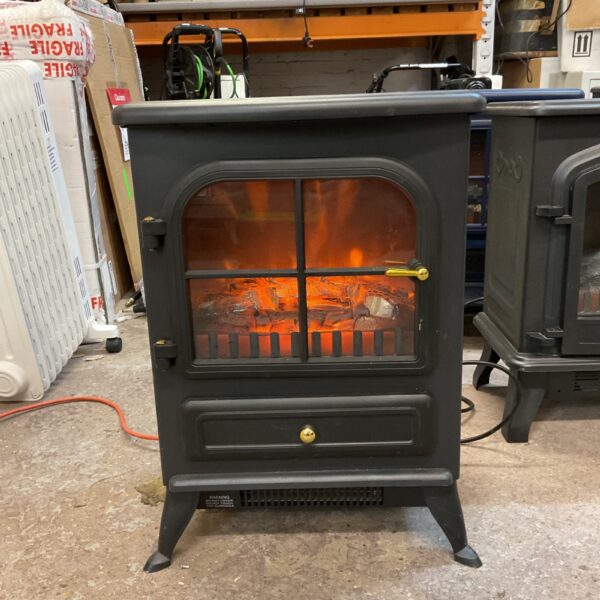 Electric fireplace with realistic flame effect for home heating.