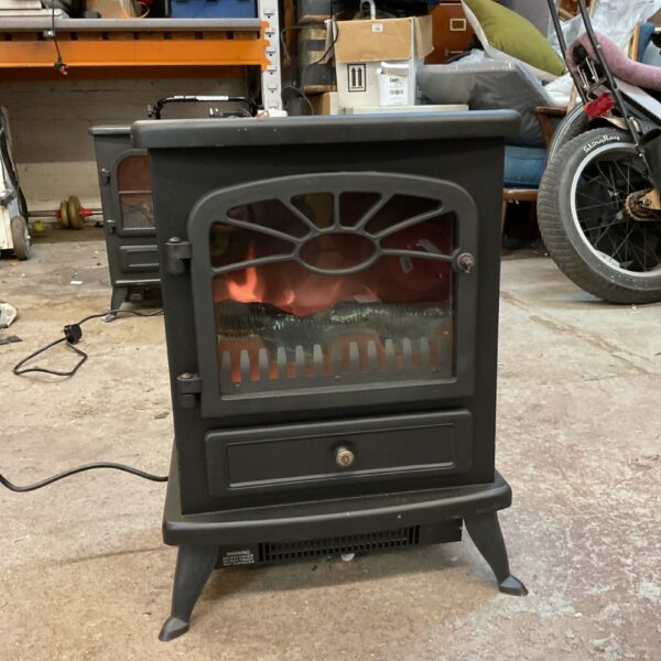 Front view of a black electric fireplace with glowing flame effect.