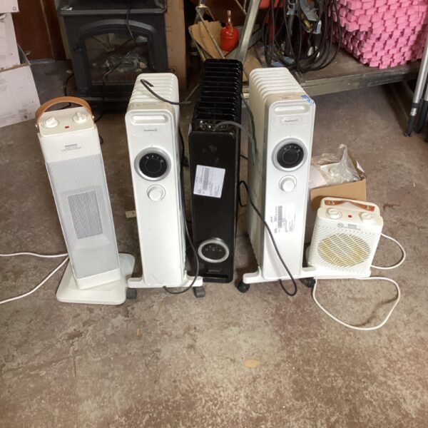 Bundle of electric heaters including fan and tower models.