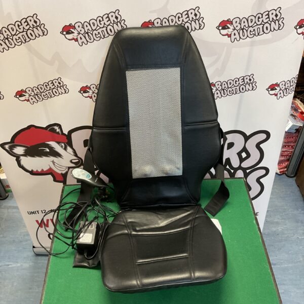 Side view of an electric massage seat with straps.