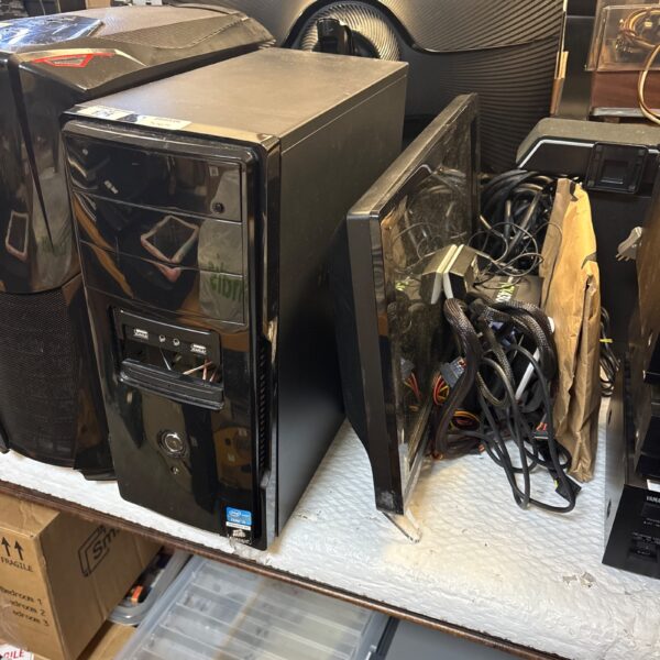 Black empty PC case for desktop computer components.