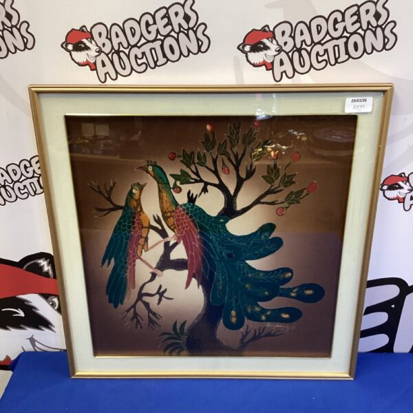 Vibrant silk painting of birds of paradise by Endang S.