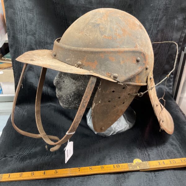 Antique English Civil War lobster tail helmet, 17th century armour.